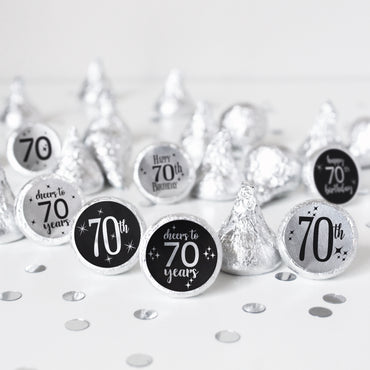 70th Birthday: Black and Silver Shiny Foil - Party Favor Stickers - Fits on Hershey's Kisses - 180 Stickers