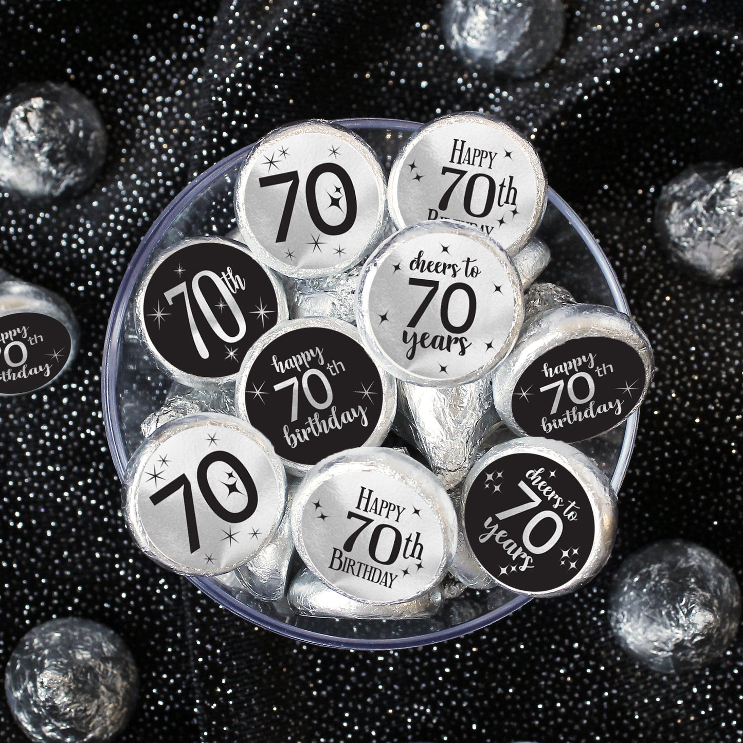 Black and Silver 70th Birthday Stickers - Fits on Hershey's Kisses - 180 Pack
