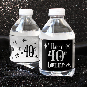 Black and Silver 40th Birthday Water Bottle Label Stickers - Waterproof - 24 Pack