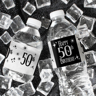 50th Birthday: Black and Silver Foil - Water Bottle Label Stickers - 24 Waterproof Stickers
