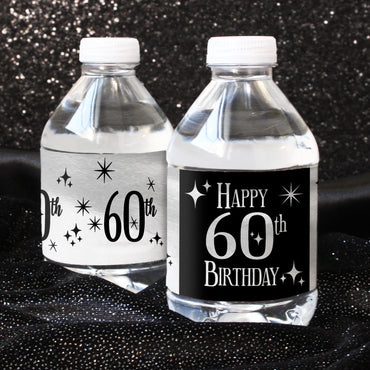60th Birthday: Black and Silver - Water Bottle Label Stickers - 24 Waterproof Stickers