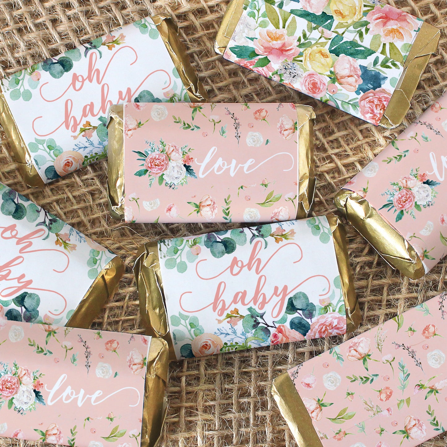 Pink Floral: Baby Shower Favor Mini Candy Bar Wrappers - 45 Stickers