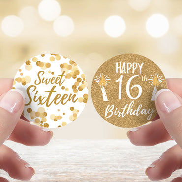 Sweet 16: White & Gold - Birthday Party Favor Stickers - 40 Stickers