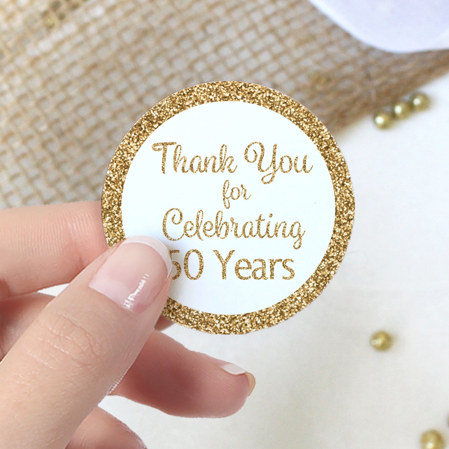 50th Birthday: White and Gold - Thank You Round Favor Stickers - 40 Stickers