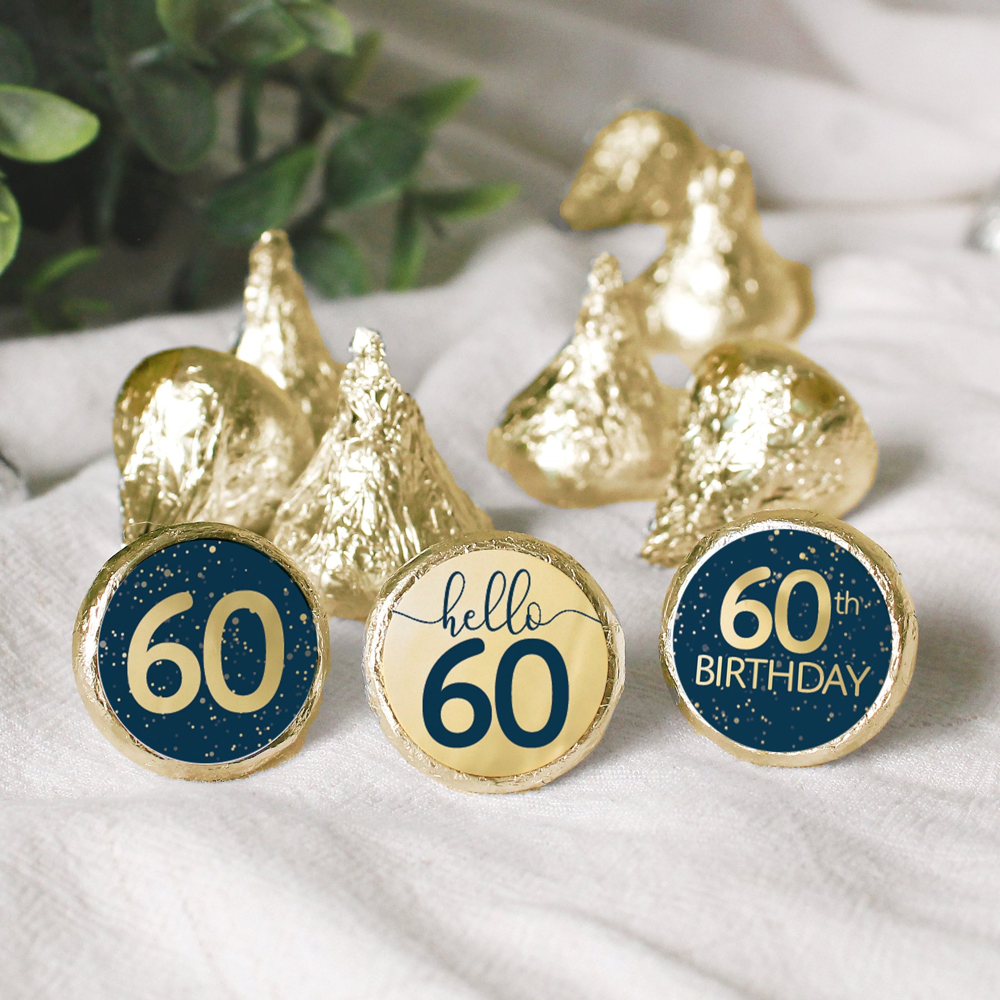 Premium navy blue and gold foil stickers perfect for decorating candy for an 60th birthday party