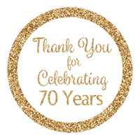 Celebrate the 70th with these elegant white and gold birthday thank you stickers. 