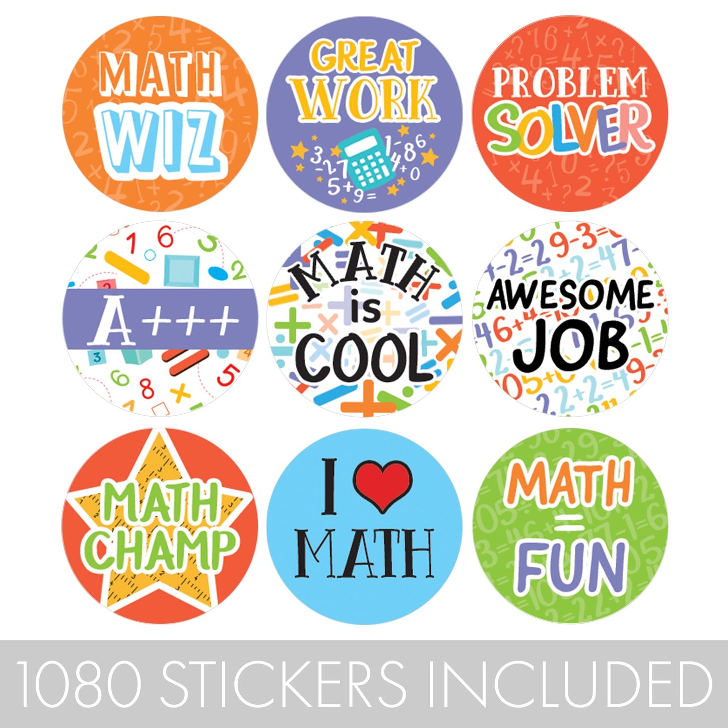 Math Theme Motivational Teacher Reward Stickers for Students (1,080 Stickers)