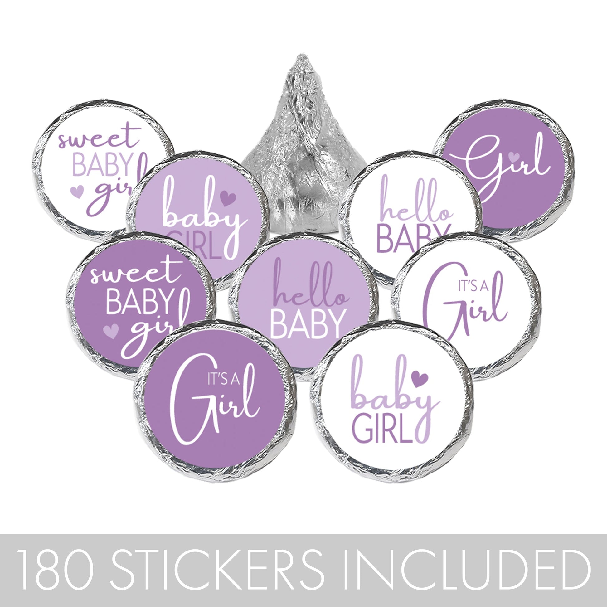 purple 'It's a Girl' stickers for kisses candies
