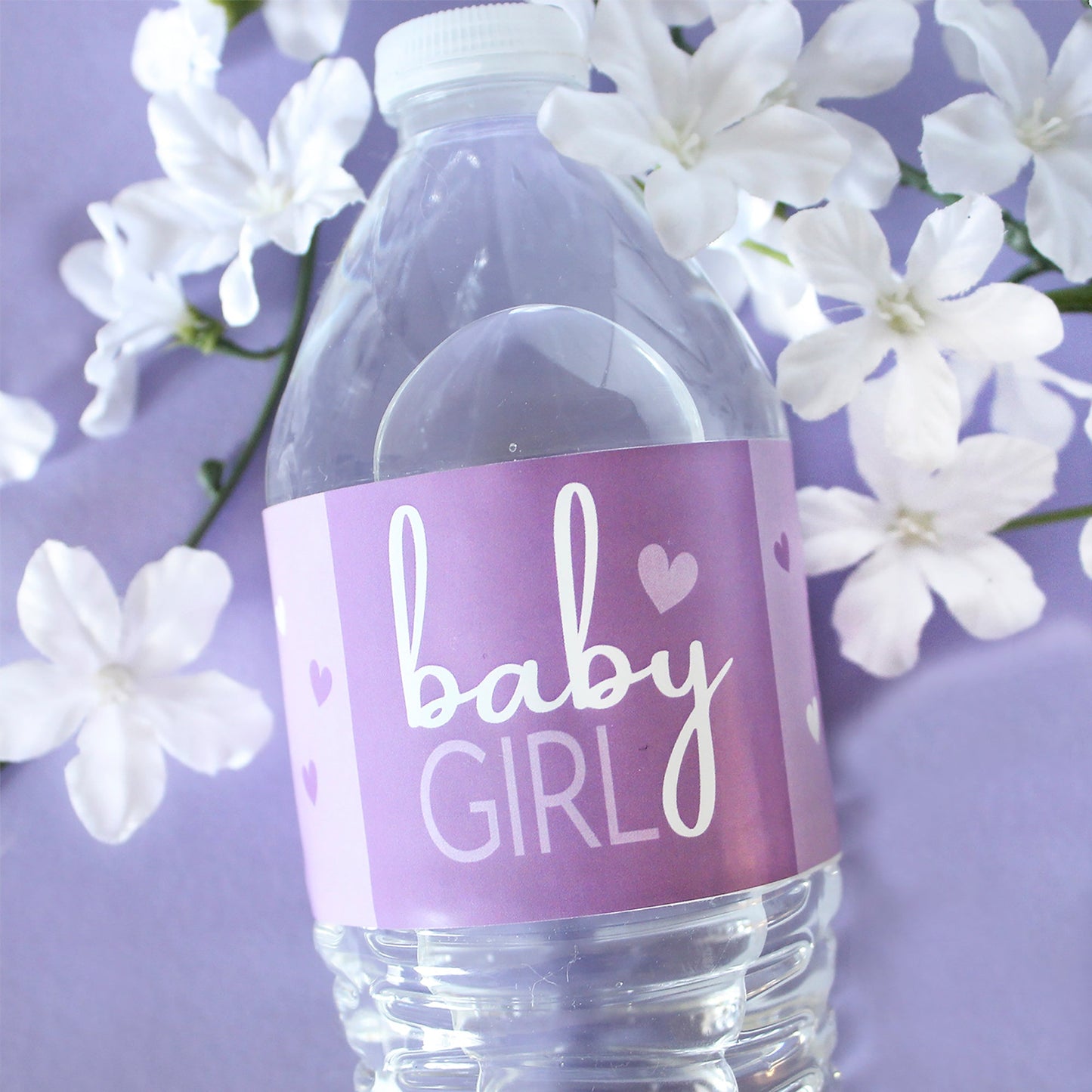 24 purple 'It's a Girl' water bottle labels for baby shower