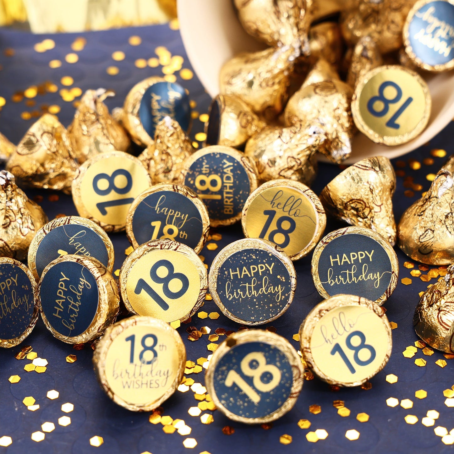 Premium navy blue and gold foil stickers perfect for decorating Hershey's Kisses for an 100th birthday party