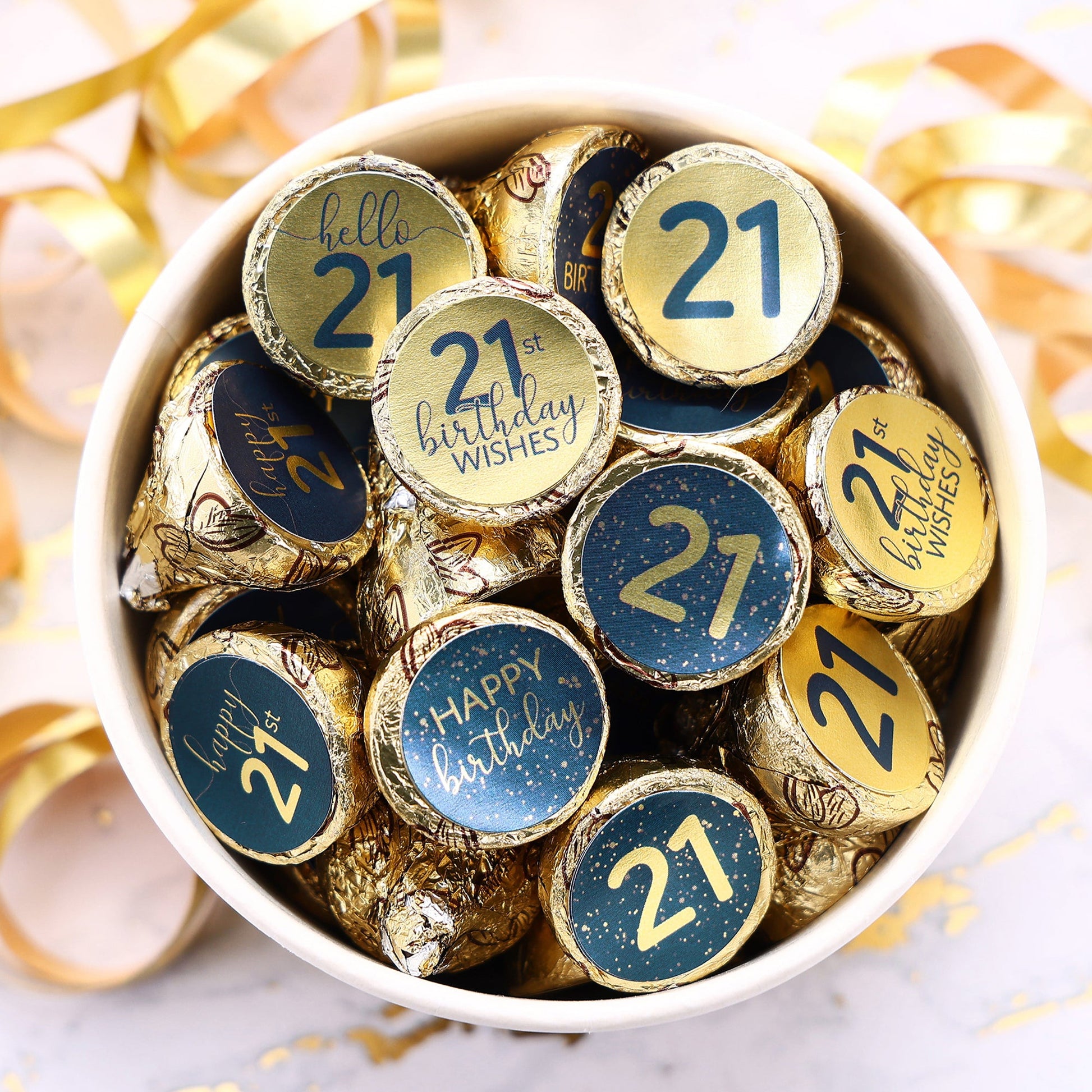 navy blue and gold foil stickers designed for 21st birthday Hersheys Kisses