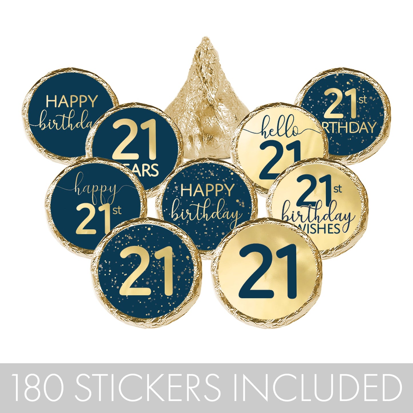 happy 21st Hersheys Kisses stickers with a navy blue and gold foil design