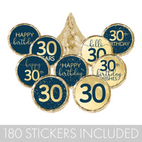 happy 30th Hersheys Kisses stickers with a navy blue and gold foil design