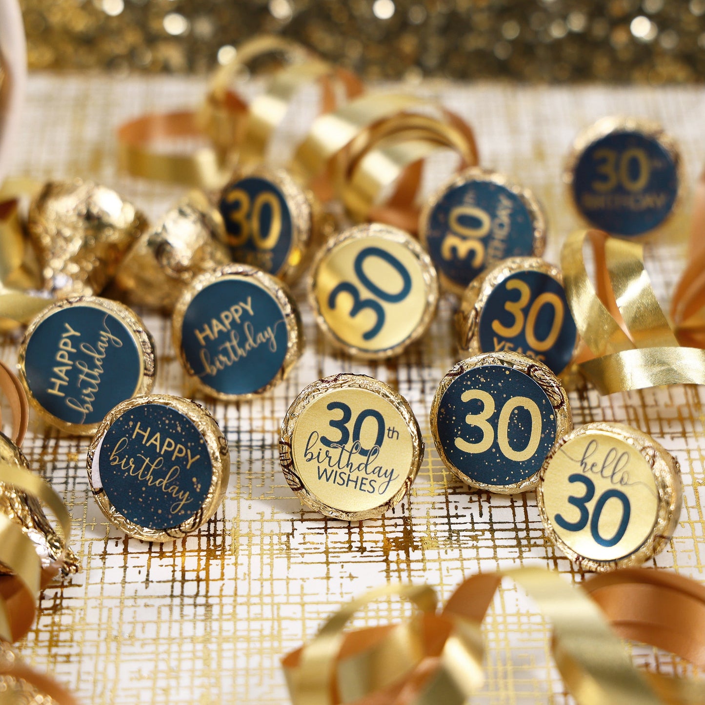 Premium navy blue and gold foil stickers perfect for decorating candy for an 30th birthday party