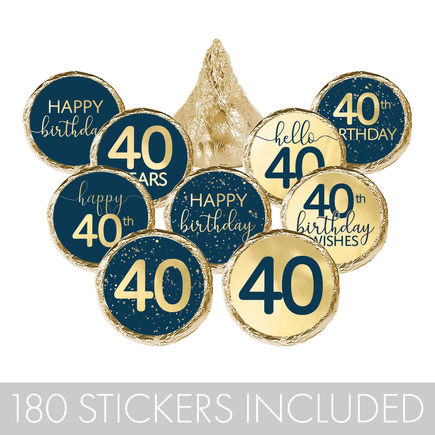 happy 40th Hersheys Kisses stickers with a navy blue and gold foil design