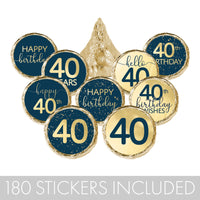 happy 40th Hersheys Kisses stickers with a navy blue and gold foil design