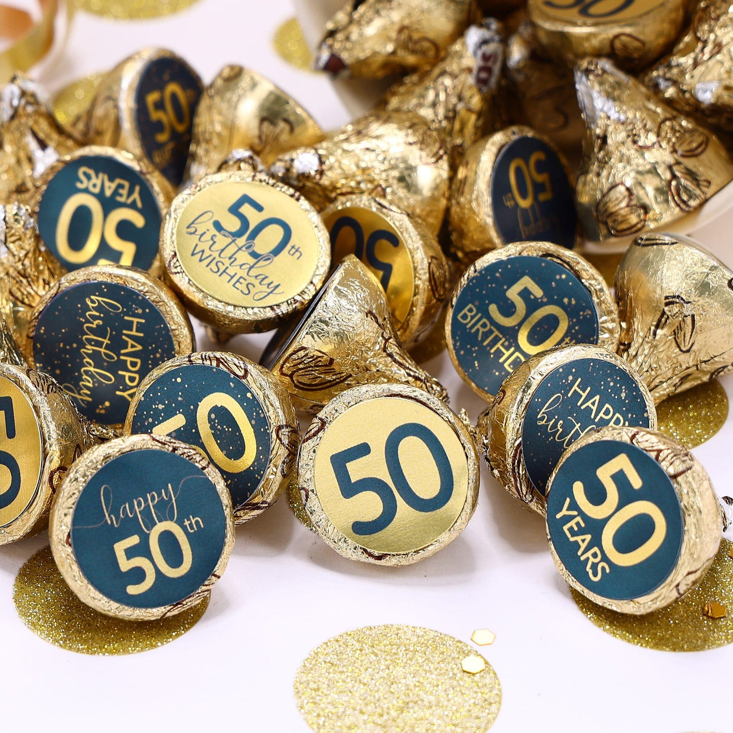 Premium navy blue and gold foil stickers perfect for decorating candy for an 50th birthday party