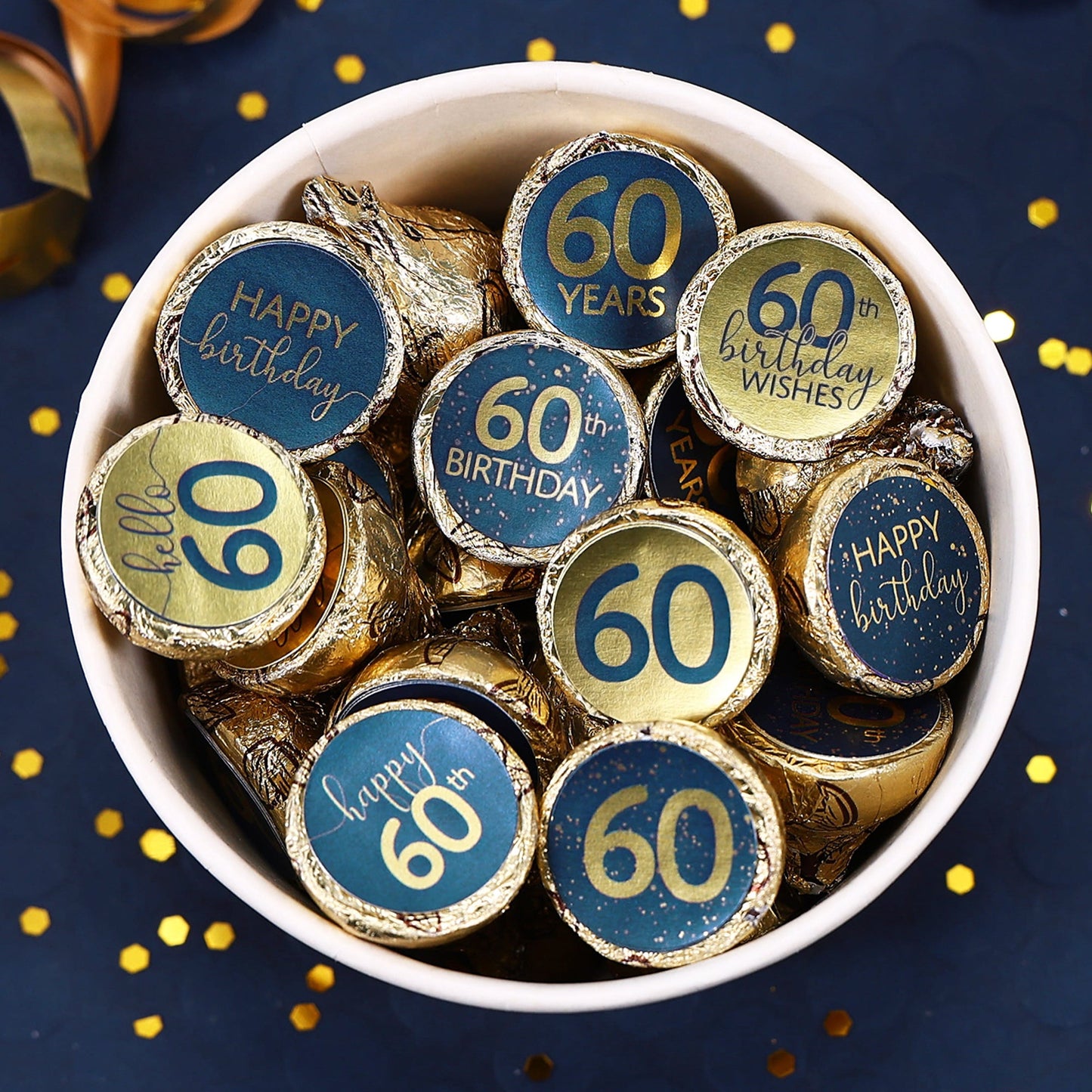180 navy blue and gold foil stickers designed for 60th birthday Hersheys Kisses