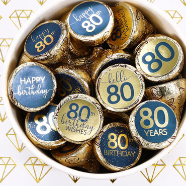 180 navy blue and gold foil stickers designed for 80th birthday Hersheys Kisses