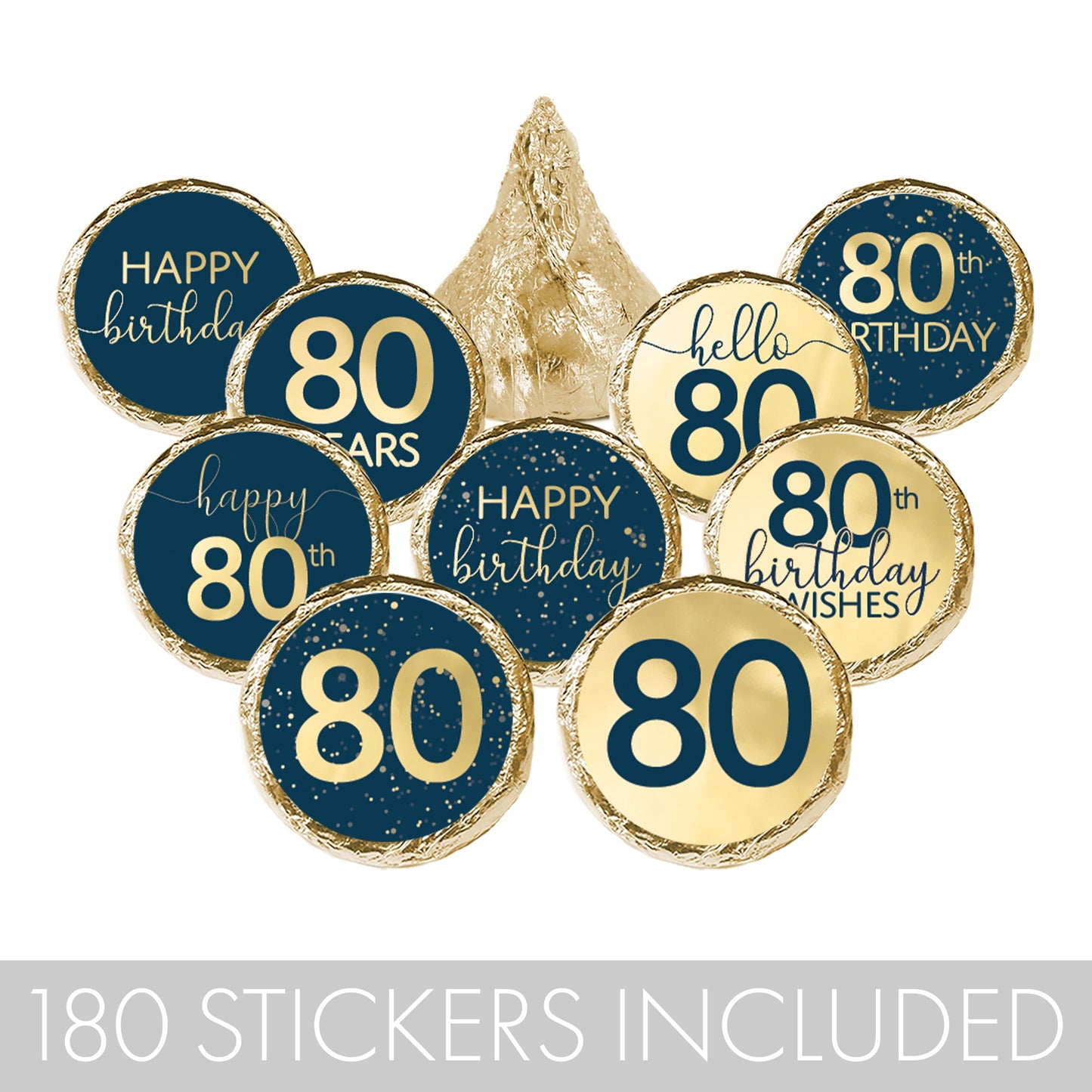 happy 80th Hersheys Kisses stickers with a navy blue and gold foil design