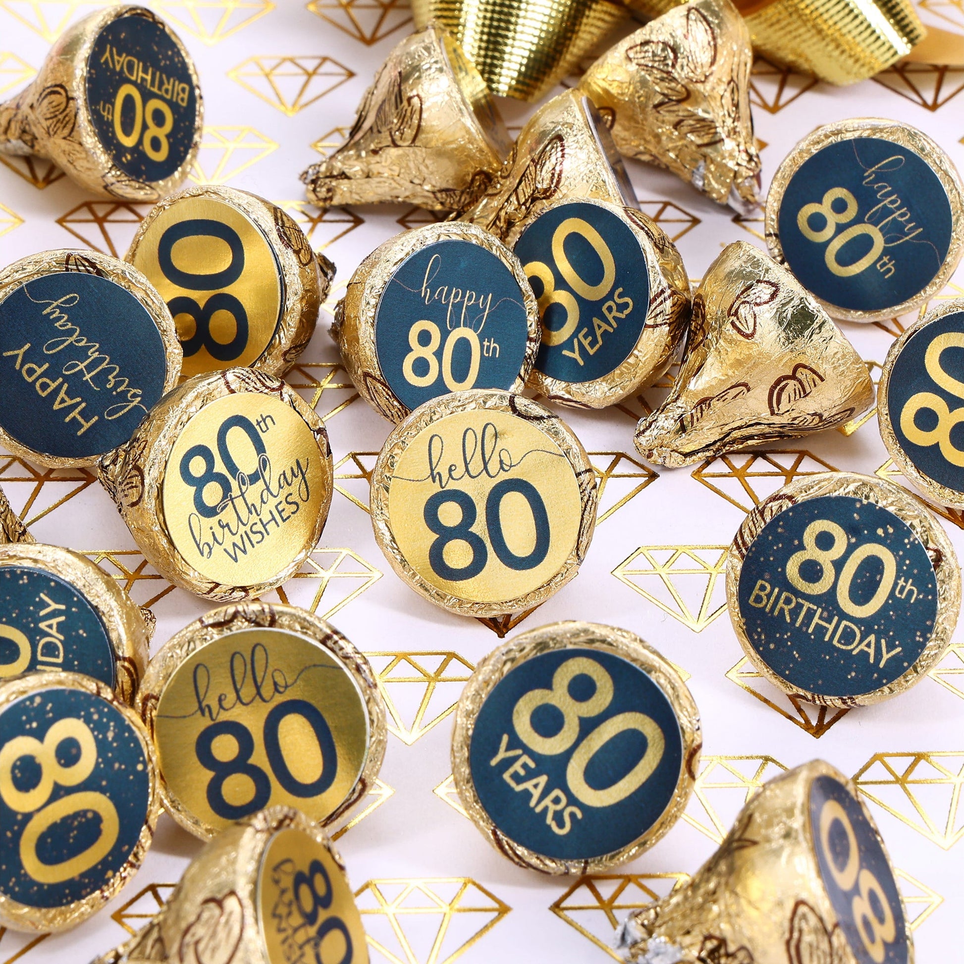 Premium navy blue and gold foil stickers perfect for decorating candy for an 80th birthday party