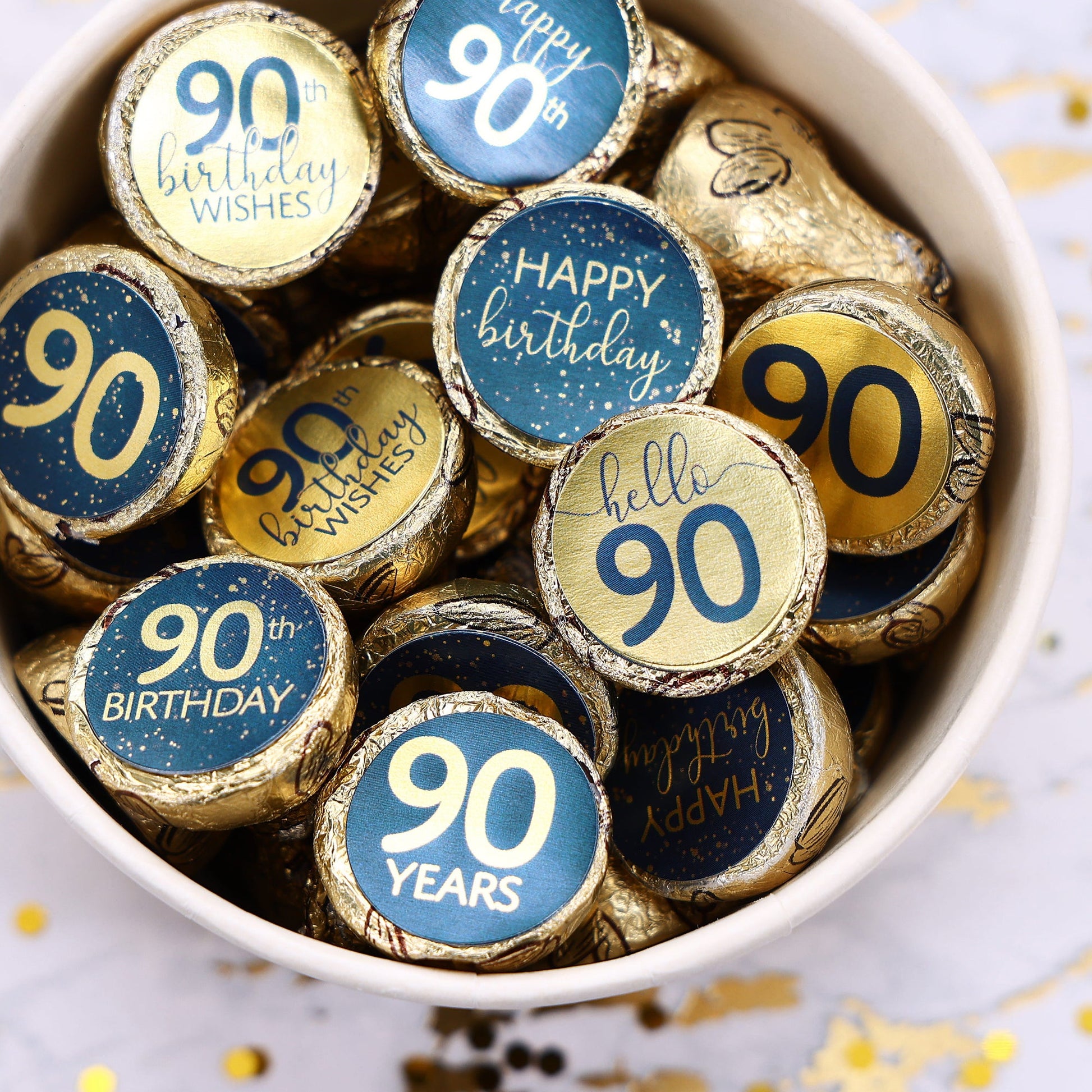 navy blue and gold foil stickers designed for 90th birthday Hersheys Kisses
