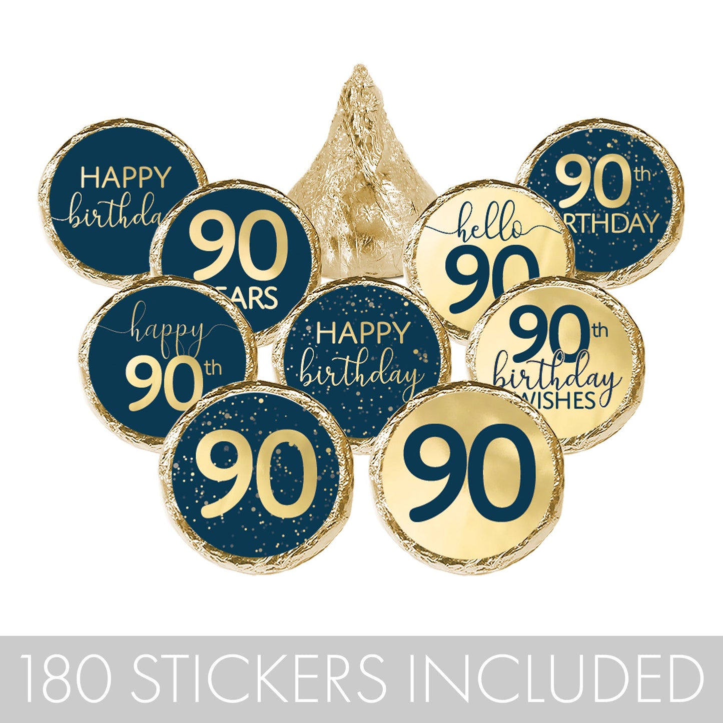 happy 90th Hersheys Kisses stickers with a navy blue and gold foil design