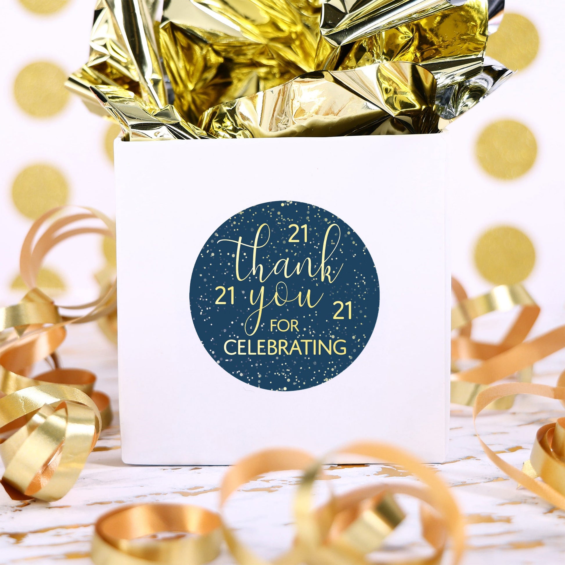 Elegant Milestone Birthday Thank You Stickers in Navy Blue and Gold
