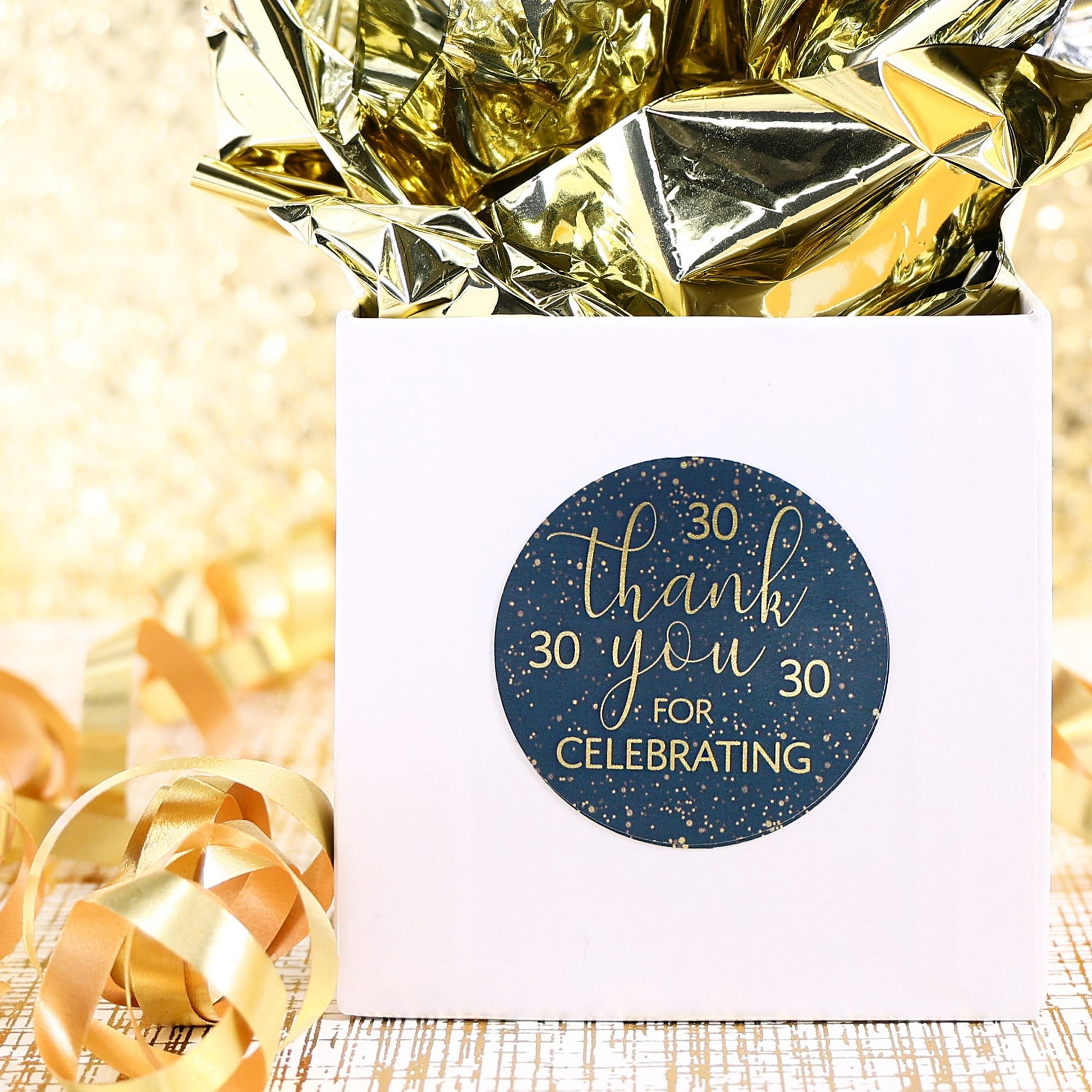 Elegant Milestone Birthday Thank You Stickers in Navy Blue and Gold for 30th Celebration