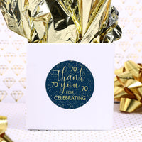 Dress up your 70th birthday presents with Navy Blue and Gold Thank You Stickers.