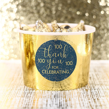 Navy blue and gold thank you stickers for 100th milestone birthday