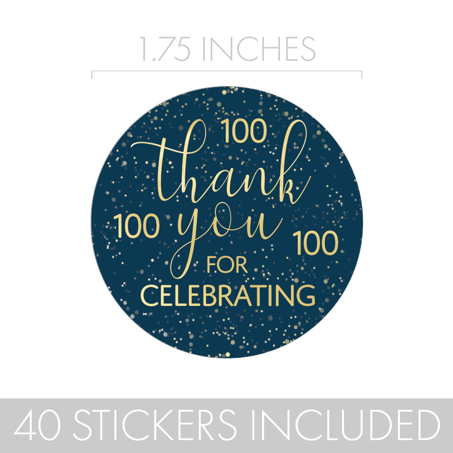 Circular thank you stickers in navy blue and gold for 100th birthday