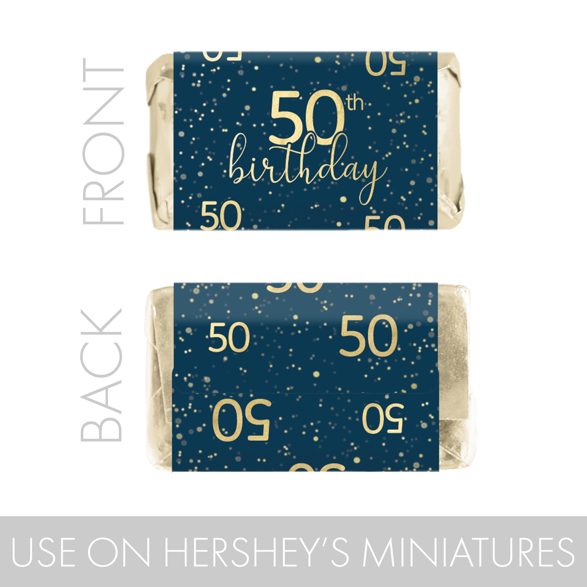 blue and gold Hershey's® Miniatures candy bar wrappers for an 50th birthday party