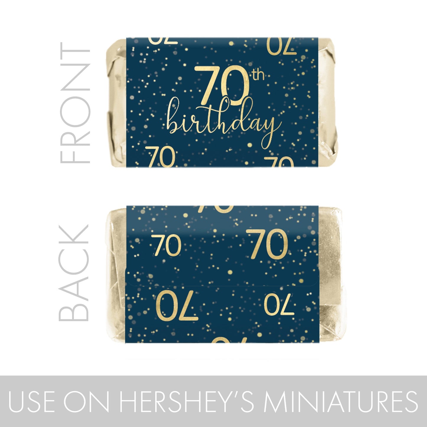 blue and gold Hershey's® Miniatures candy bar wrappers for an 70th birthday party