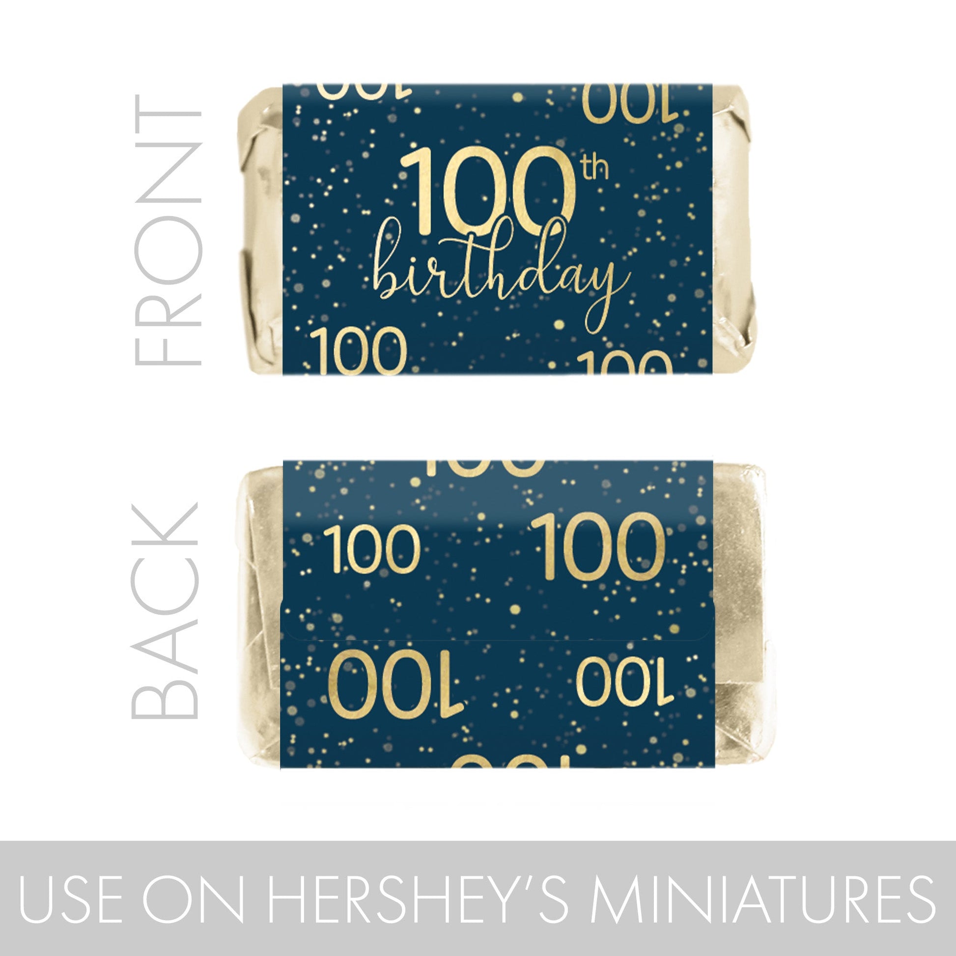 blue and gold Hershey's® Miniatures candy bar wrappers for an 100th birthday party