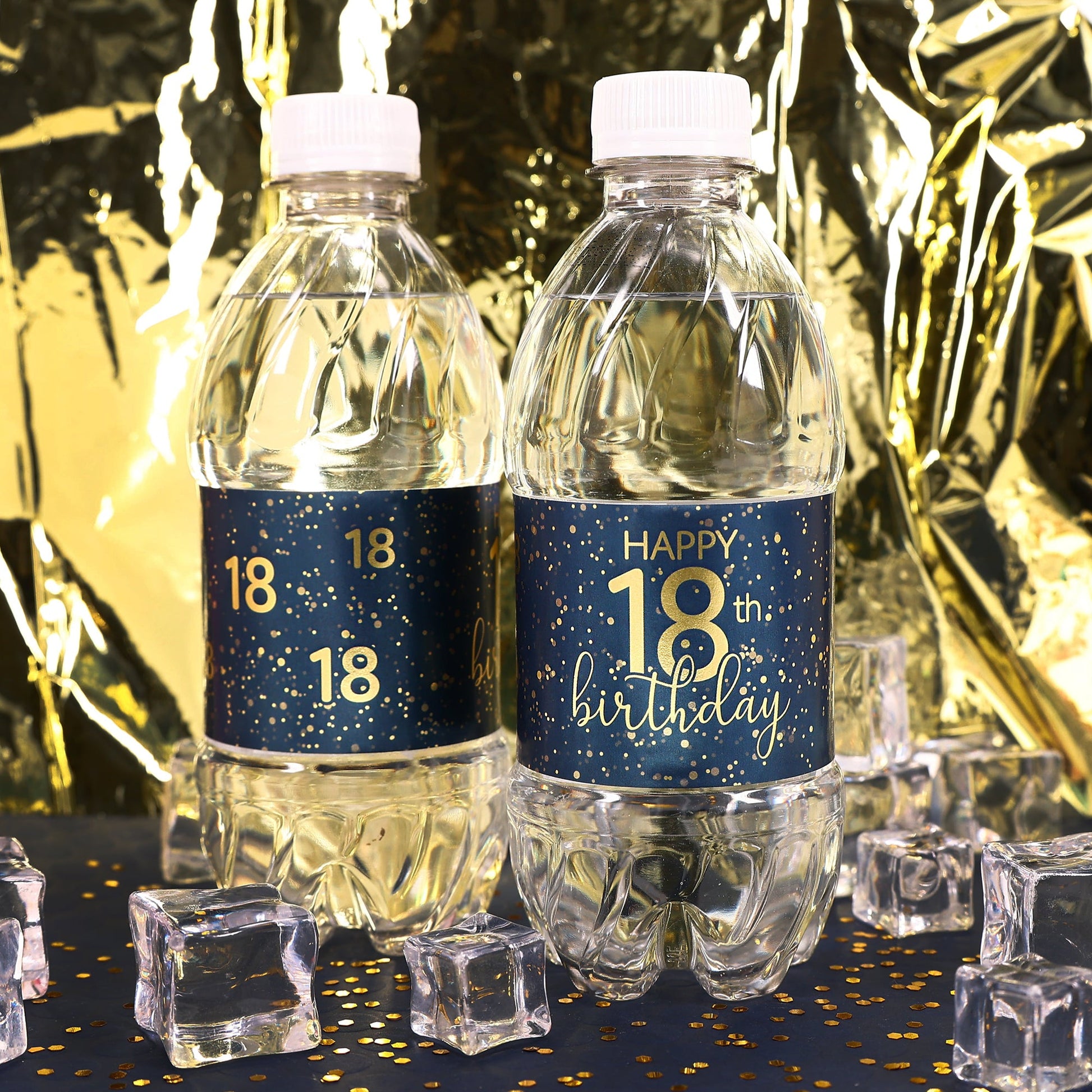 A close-up view of a navy blue water bottle label with gold lettering that reads "Happy 18th Birthday" and features a sleek, modern design.