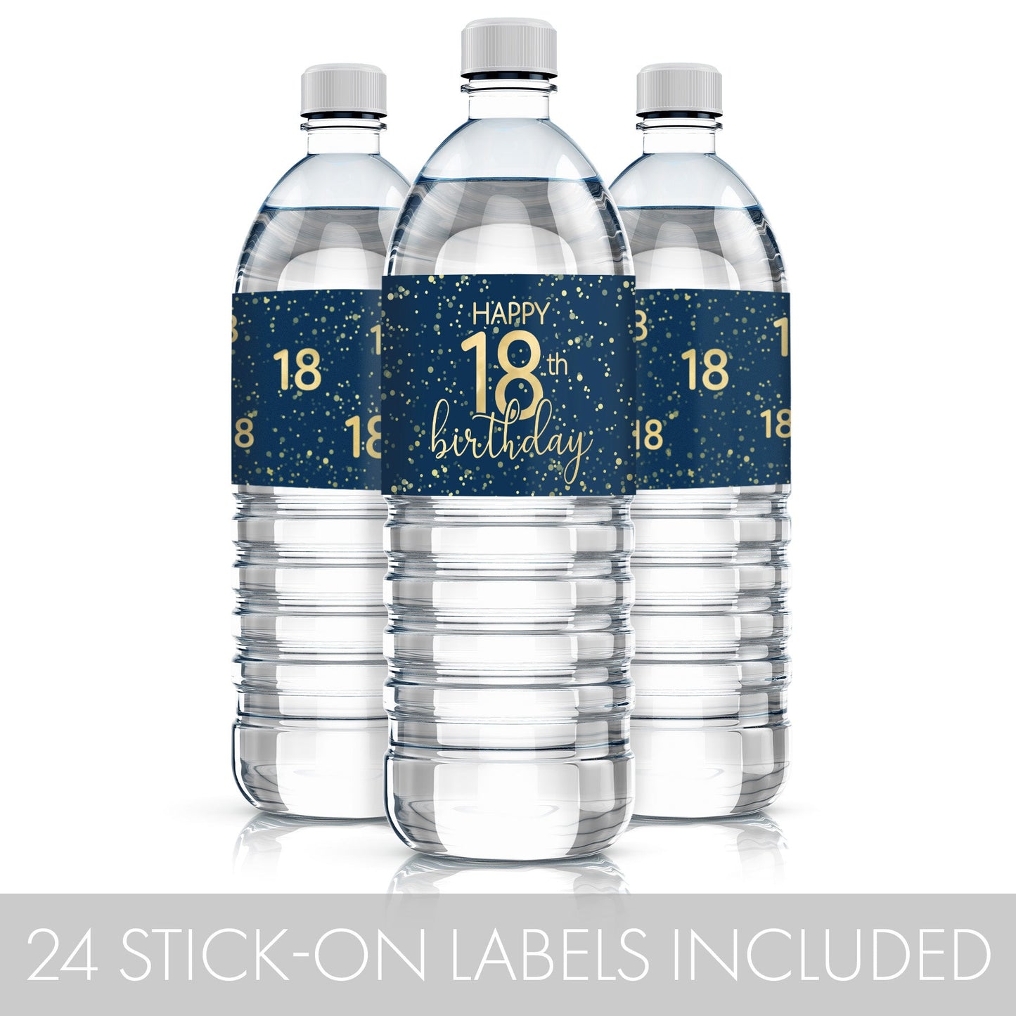 A detailed shot of a navy blue and gold label that is designed to fit standard water bottles and features intricate patterns and bold text to make a stylish statement.