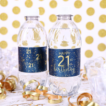 A close-up view of a navy blue water bottle label with gold lettering that reads "Happy 21st Birthday" and features a sleek, modern design.