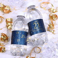 A simple yet sophisticated water bottle label in navy blue with bold gold lettering that celebrates the milestone of an 21st birthday with elegance and style