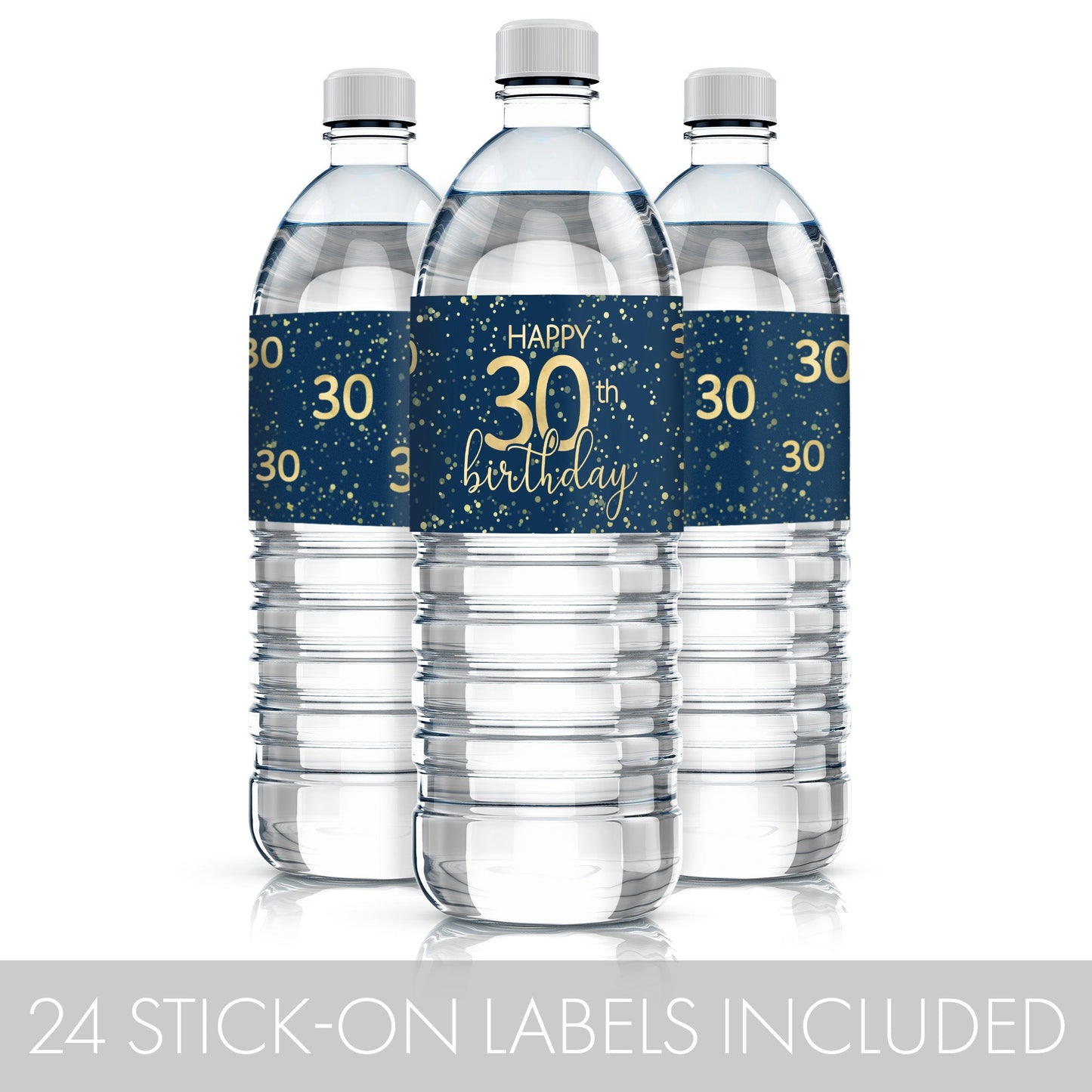 A group of water bottles with elegant navy blue and gold labels that are customized for an 30th birthday celebration, perfect for adding a personalized touch to any party