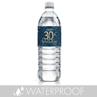 A simple yet sophisticated water bottle label in navy blue with bold gold lettering that celebrates the milestone of an 30th birthday with elegance and style