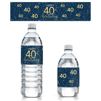 Navy Blue and Gold 40th Birthday Water Bottle Labels