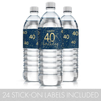 waterproof water bottle labels in navy blue with bold gold lettering that celebrates the milestone of an 40th birthday