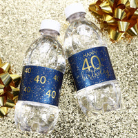 A group of water bottles with elegant navy blue and gold labels that are customized for an 40th birthday celebration, perfect for adding a personalized touch to any party