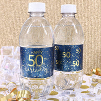 A close-up view of a navy blue water bottle label with gold lettering that reads "Happy 50th Birthday" and features a sleek, modern design