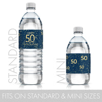 A detailed shot of a 50th birthday navy blue and gold label that is designed to fit standard or mini water bottles