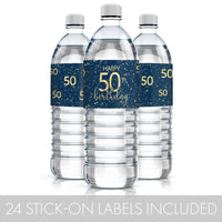 waterproof water bottle labels in navy blue with bold gold lettering that celebrates the milestone of an 50th birthday
