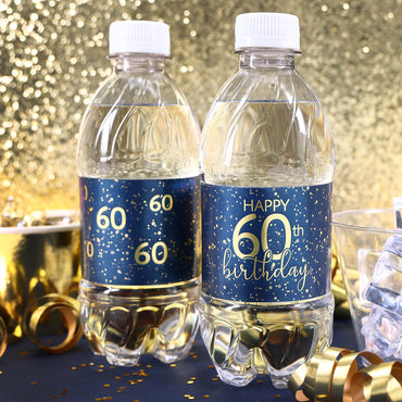 A close-up view of a navy blue water bottle label with gold lettering that reads "Happy 60th Birthday" and features a sleek, modern design