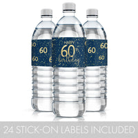 waterproof water bottle labels in navy blue with bold gold lettering that celebrates the milestone of an 60th birthday