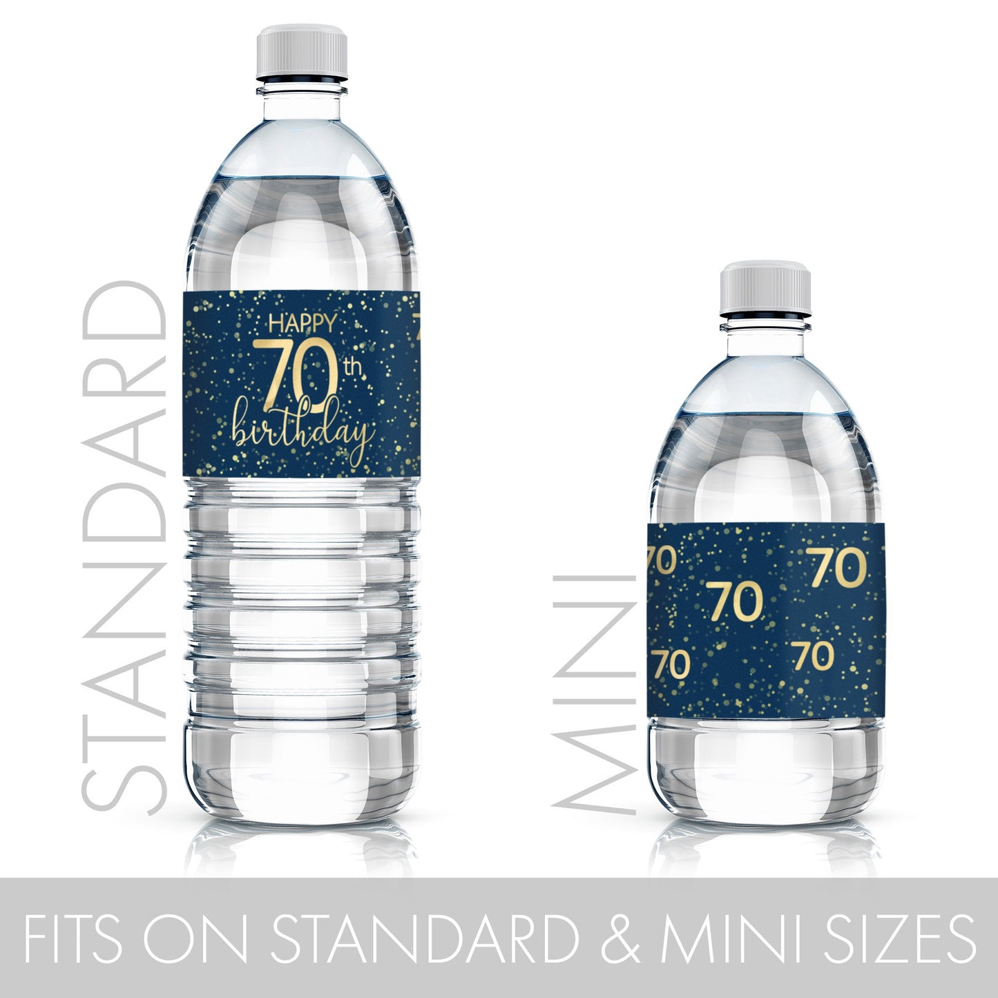 A detailed shot of a 70th birthday navy blue and gold label that is designed to fit standard or mini water bottles